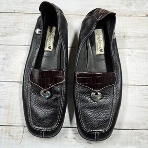 Brighton Loafers Womens 9.5 Black Ursa Leather Heart Croc Trim Driving Flats